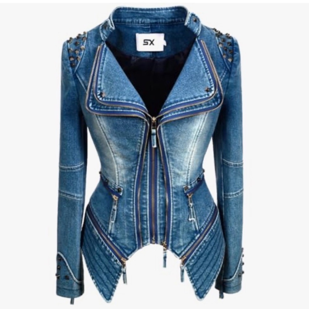 Women’s NWT Denim Punk Rivet Studded Fitted Streetwear Moto Jacket Sz M